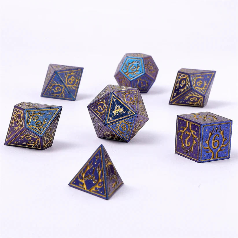HYMGHO - Solid Metal Druid RPG Dice Set - Glitter Blue w/Gold | Odin's Place