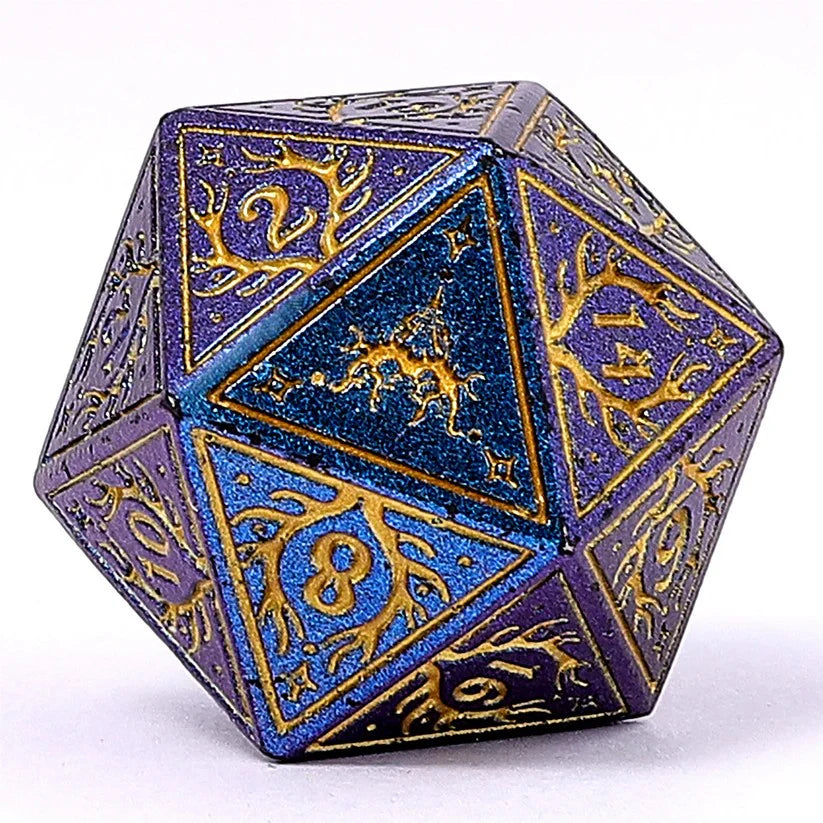 HYMGHO - Solid Metal Druid RPG Dice Set - Glitter Blue w/Gold | Odin's Place