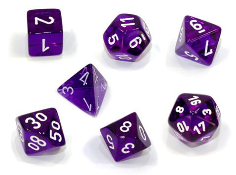 Chessex Mini Poly 7 Dice Set: Translucent Purple/White | Dragon's Lair Comics and Fantasy Houston TX
