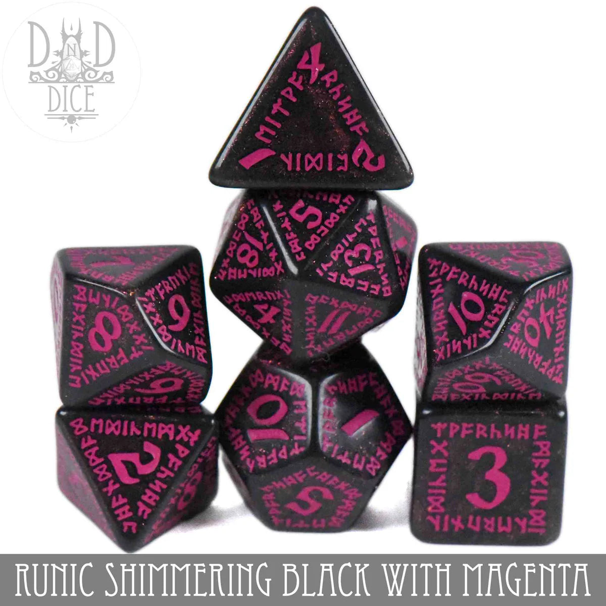 DND Dice Poly 7 Runic Shimmering Black with Magenta | Odin's Place