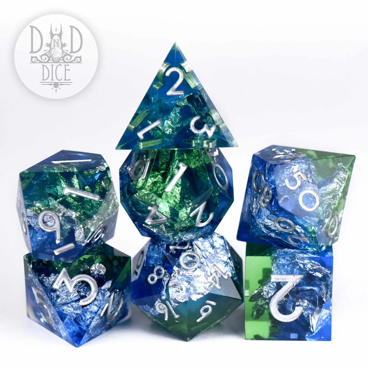 DND Dice Poly 7 Dice Set: Silver Shores (Handmade) | Dragon's Lair Comics and Fantasy Houston TX