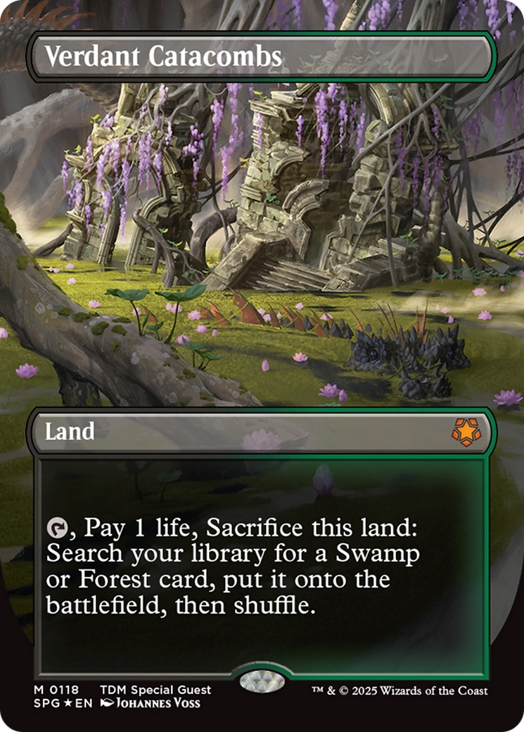 Verdant Catacombs (Borderless) (Dragonscale Foil) [Tarkir: Dragonstorm Special Guests] | Dragon's Lair Comics and Fantasy Houston TX