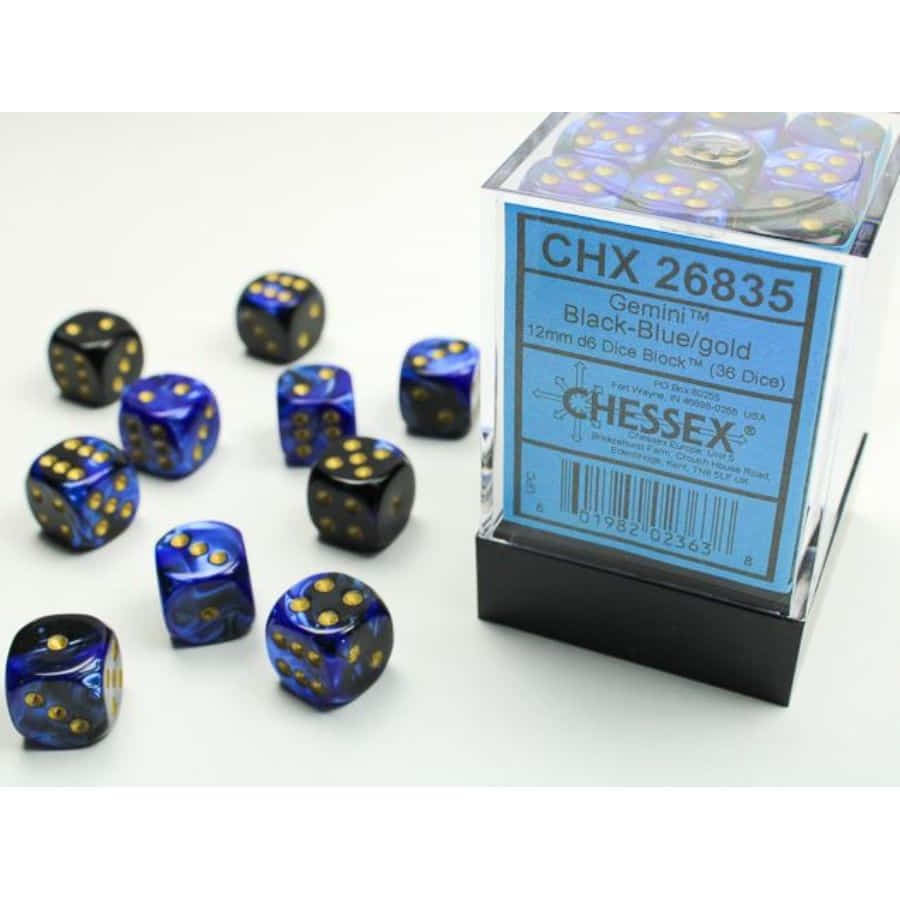 Chessex Gemini Black-Blue/Gold 12mm D6 Dice Block (36) | Dragon's Lair Comics and Fantasy Houston TX
