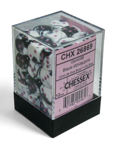 Gemini: 12mm d6 Black-White/pink Dice Block (36 dice) | Dragon's Lair Comics and Fantasy Houston TX