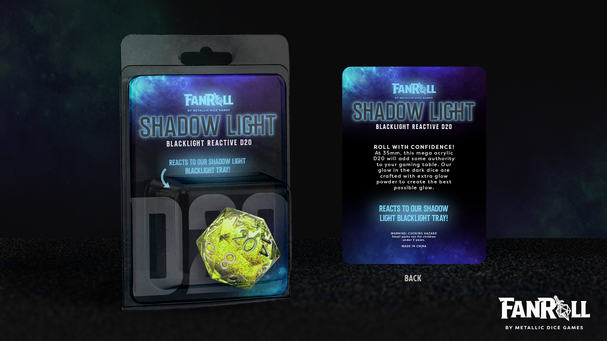 Fanroll Shadow Light UV Reactive Individual d20 Elixir Liquid Core Dice | Dragon's Lair Comics and Fantasy Houston TX
