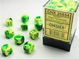 Chessex Gemini Green and Yellow with Silver 12mm D6 Set | Dragon's Lair Comics and Fantasy Houston TX