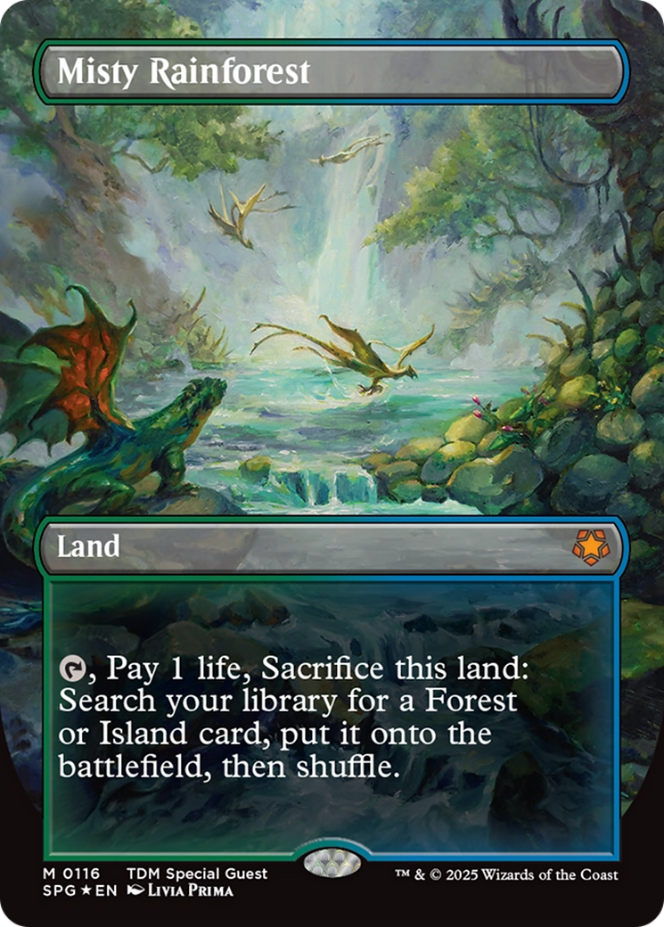 Misty Rainforest (Borderless) (Dragonscale Foil) [Tarkir: Dragonstorm Special Guests] | Dragon's Lair Comics and Fantasy Houston TX