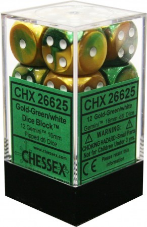 Chessex 26625 Gemini: 16mm d6 Block Gold with Green and White | Dragon's Lair Comics and Fantasy Houston TX