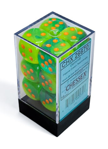Chessex Gemini: 16mm d6 Plasma Green-Teal/orange Luminary Dice Block (12 dice) | Dragon's Lair Comics and Fantasy Houston TX
