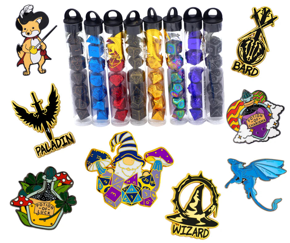 HYMGHO - Mystery Pack of One 10mm mini dice set and 1 enamel pin | Dragon's Lair Comics and Fantasy Houston TX