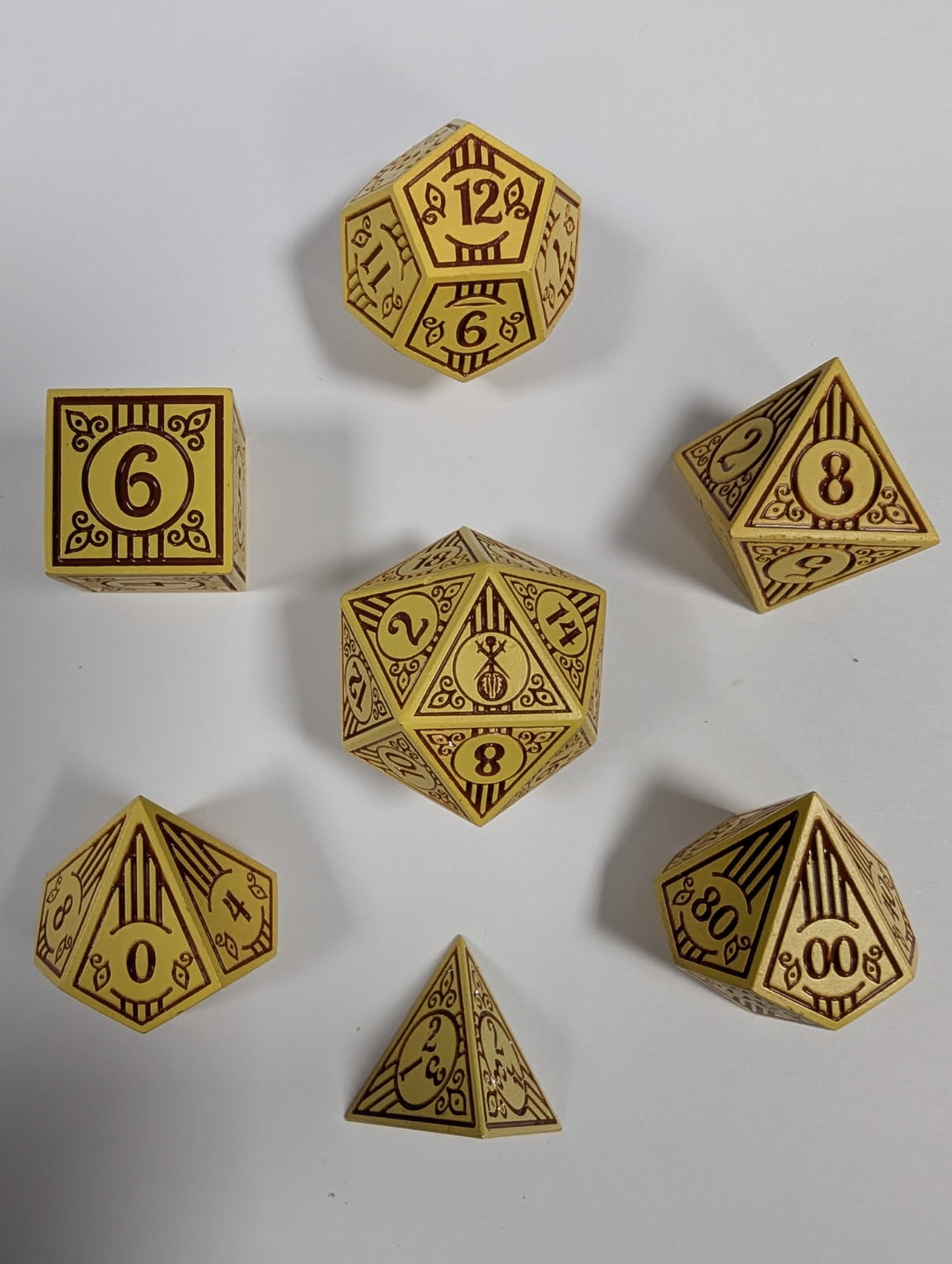 HYMGHO - Solid Metal Bard RPG Dice Set - Dark Cream w/Brown | Dragon's Lair Comics and Fantasy Houston TX