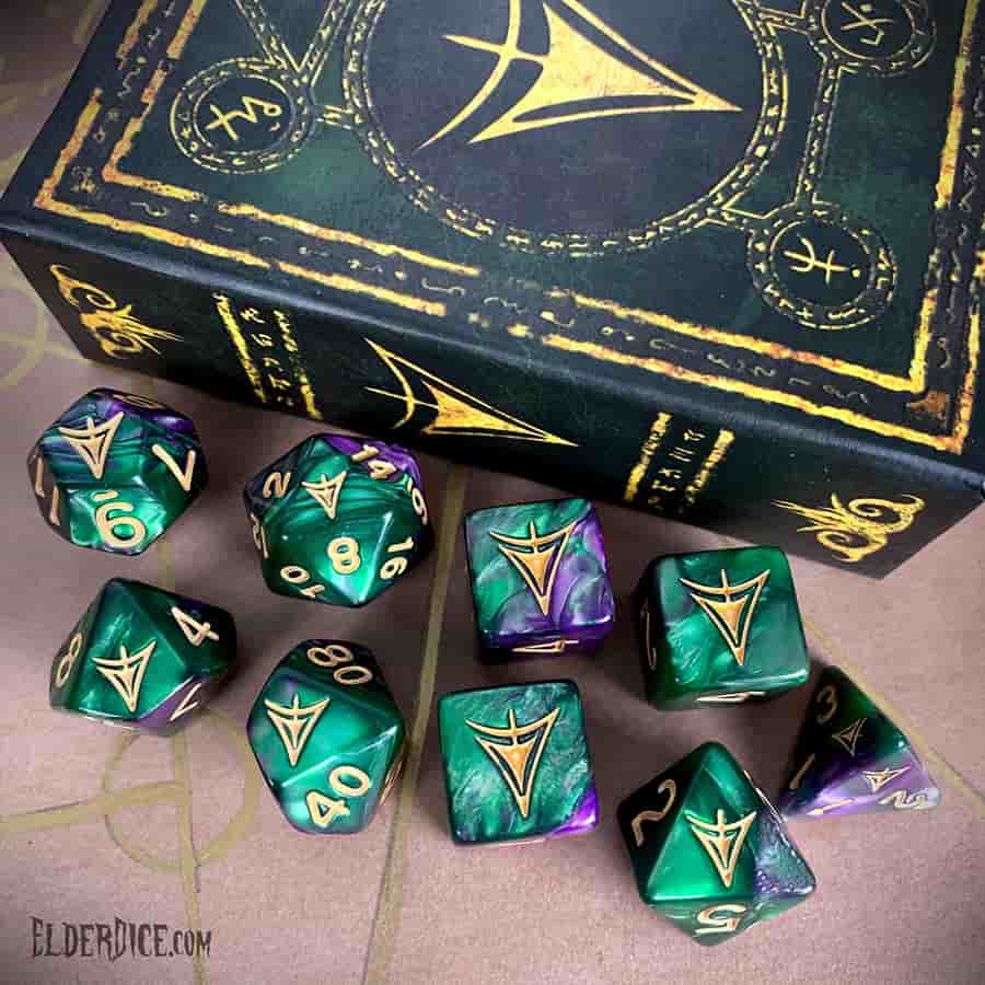 Elder Dice: Yellow Sign Poly 9 Set Masked Purple and Green | Odin's Place