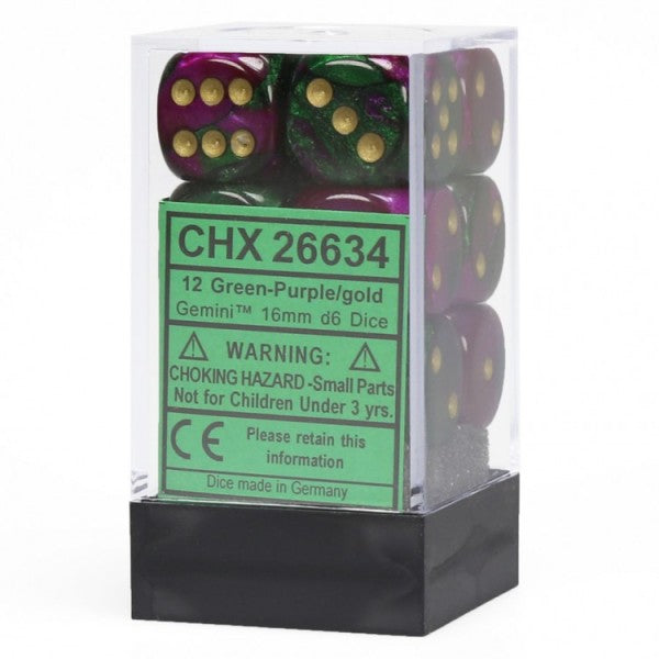 Chessex Gemini 3: 16mm D6 Green Purple Gold/Black (12) | Dragon's Lair Comics and Fantasy Houston TX