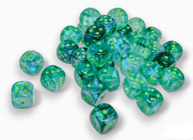 Chessex Borealis: 12mm d6 Kelp/light green Luminary Dice Block (36 dice) | Dragon's Lair Comics and Fantasy Houston TX
