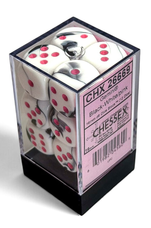 Chessex Gemini: 16mm d6 Black-White/pink Dice Block (12 dice) | Dragon's Lair Comics and Fantasy Houston TX