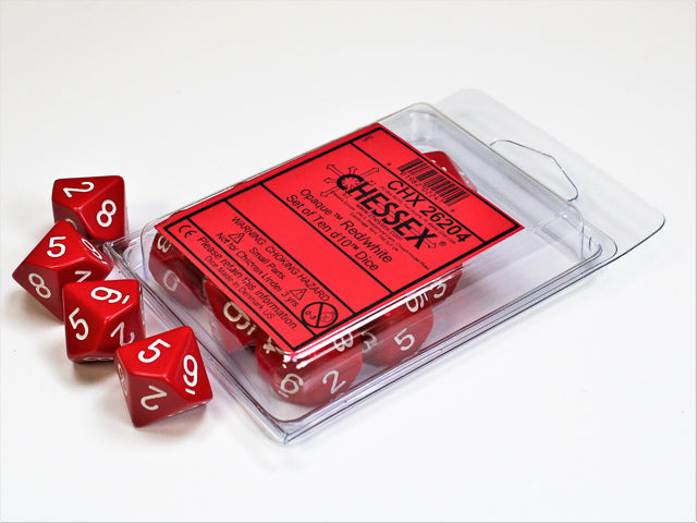 Chessex Opaque set of Ten D10 Red with White | Odin's Place