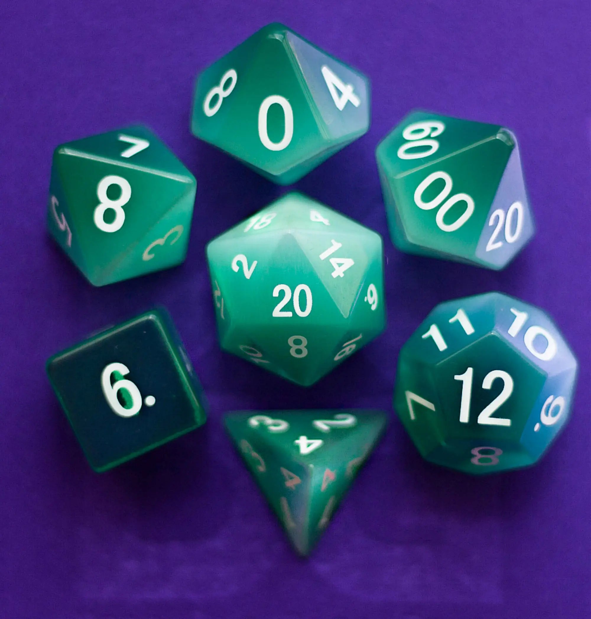 MDG 16mm Stone: Catseye Mint Green Stone Poly 7 Dice Set | Dragon's Lair Comics and Fantasy Houston TX
