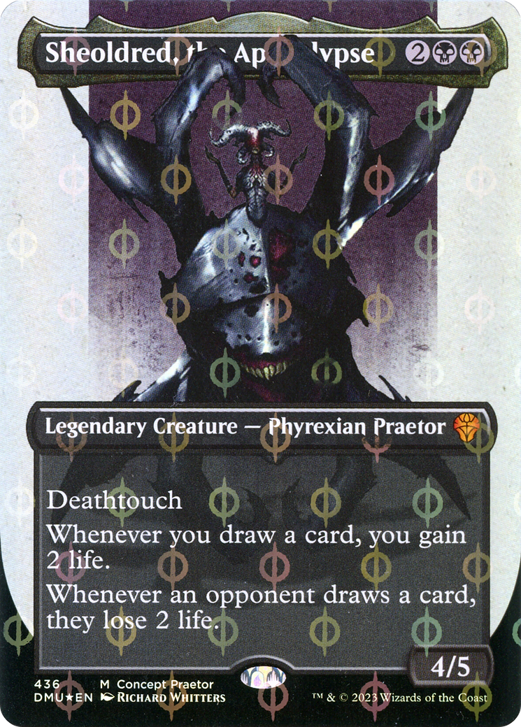 Sheoldred, the Apocalypse (Borderless Concept Praetors Step-and-Compleat Foil) [Phyrexia: All Will Be One] | Dragon's Lair Comics and Fantasy Houston TX