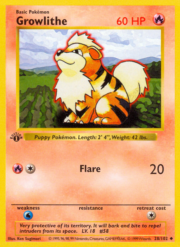 Growlithe (28/102) (Shadowless) [Base Set 1st Edition] | Dragon's Lair Comics and Fantasy Houston TX