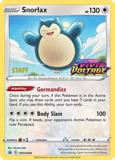 Snorlax (SWSH068) (Staff Prerelease Promo) [Sword & Shield: Black Star Promos] | Dragon's Lair Comics and Fantasy Houston TX