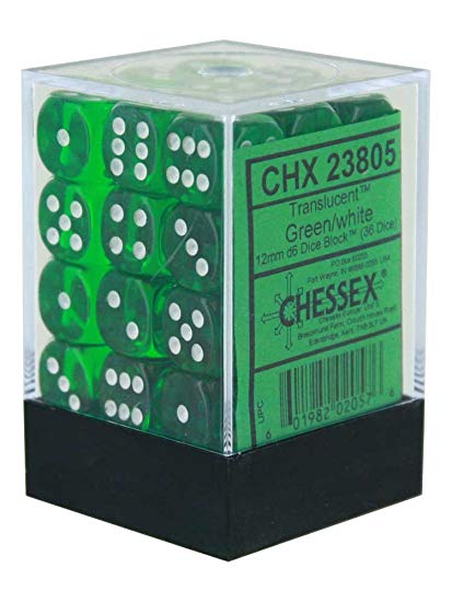 Chessex Translucent 12mm D6 Green/White 36 ct | Dragon's Lair Comics and Fantasy Houston TX