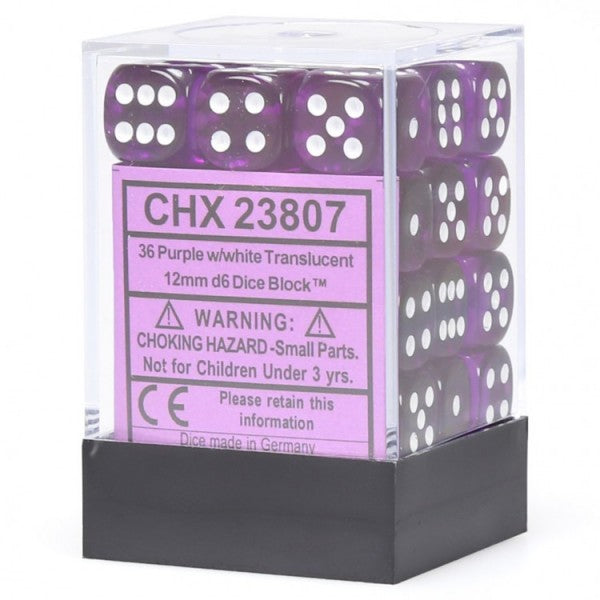 Chessex Translucent 12mm D6 Purple/White 36 ct | Dragon's Lair Comics and Fantasy Houston TX