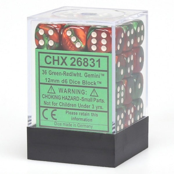 Chessex Gemini 2 12mm D6 Green Red/White36 ct | Dragon's Lair Comics and Fantasy Houston TX