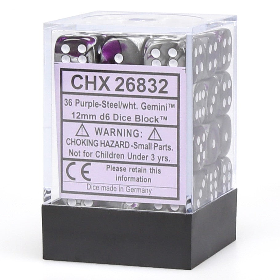 Chessex Gemini 2 12mm D6 Purple Steel/White 36 ct | Dragon's Lair Comics and Fantasy Houston TX