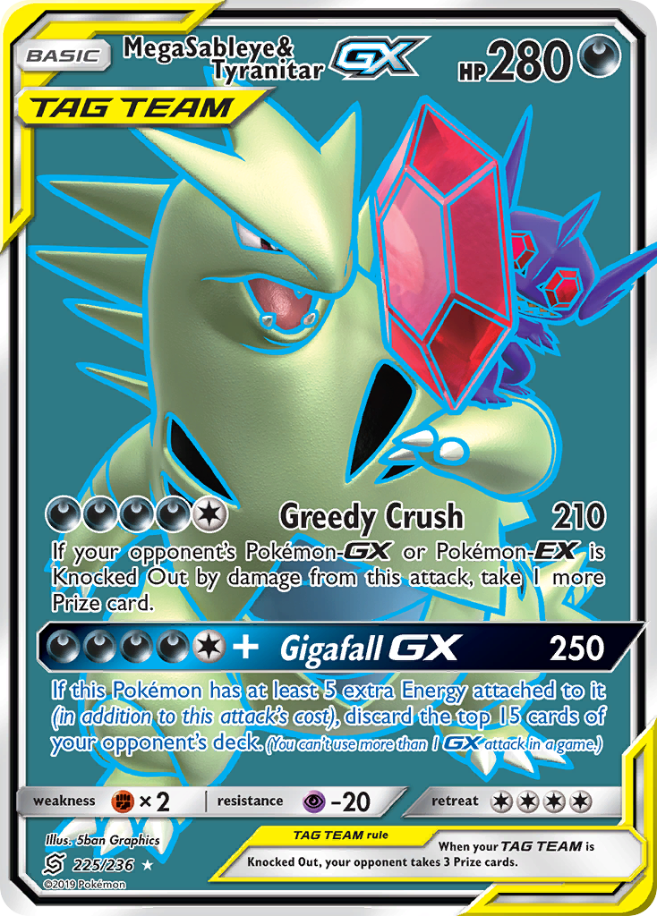 Mega Sableye & Tyranitar GX (225/236) [Sun & Moon: Unified Minds] | Dragon's Lair Comics and Fantasy Houston TX
