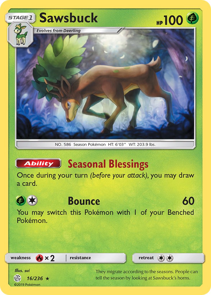Sawsbuck (16/236) (Prerelease Kit Exclusive) (Theme Deck Exclusive) [Sun & Moon: Cosmic Eclipse] | Dragon's Lair Comics and Fantasy Houston TX