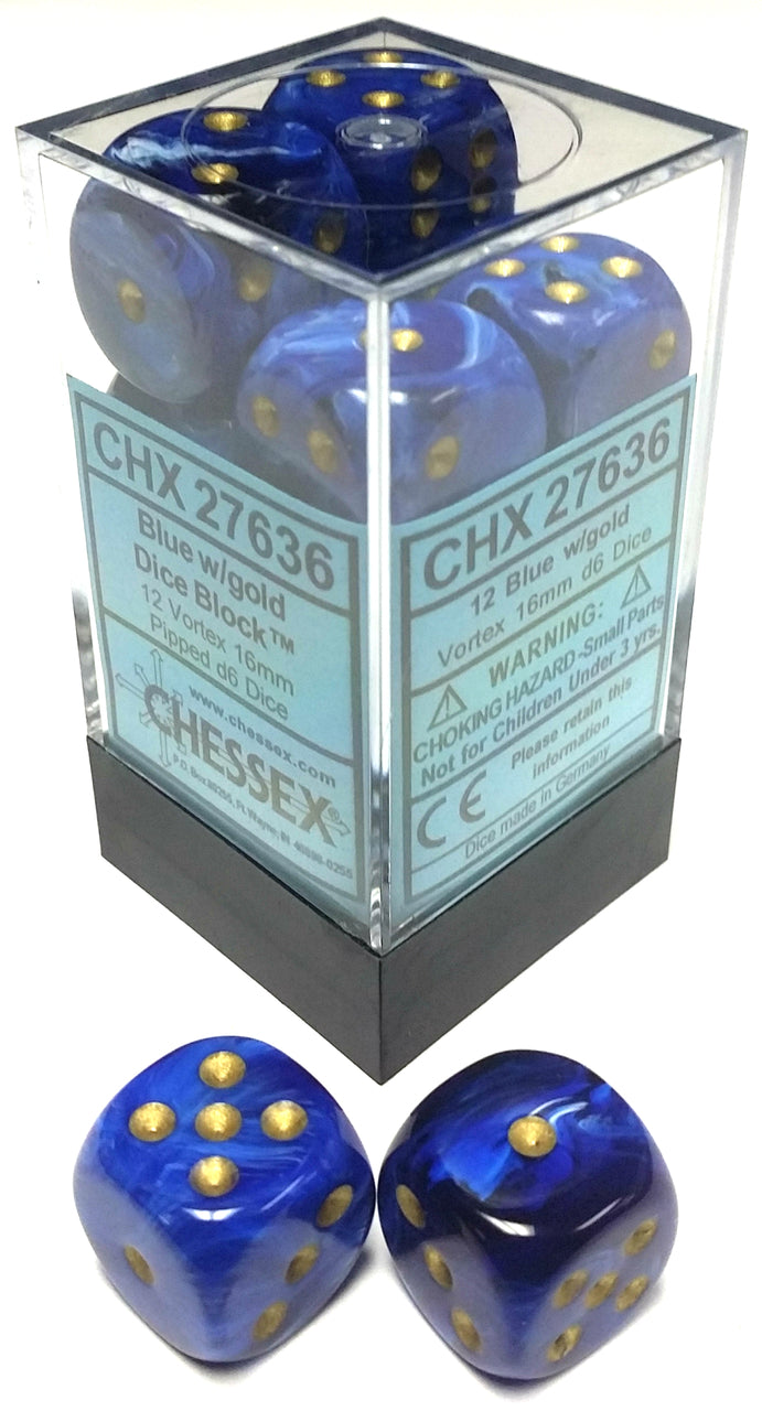 Chessex Vortex: 16mm D6 Blue/Gold/Black 12 ct | Dragon's Lair Comics and Fantasy Houston TX