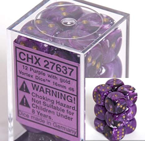 Chessex Vortex: 16mm D6 Purple/Gold/Black 12 ct | Dragon's Lair Comics and Fantasy Houston TX