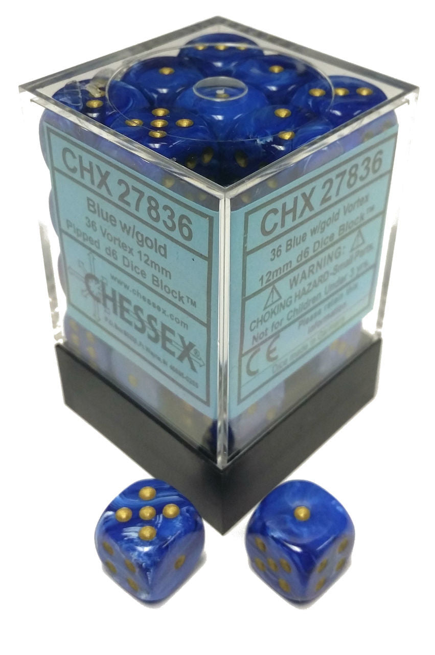 Chessex Vortex: 12mm D6 Blue/Gold/Black 36 ct | Dragon's Lair Comics and Fantasy Houston TX