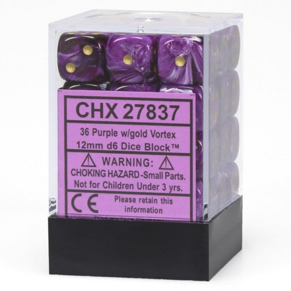 Chessex Vortex: 12mm D6 Purple/Gold/Black 36 ct | Dragon's Lair Comics and Fantasy Houston TX