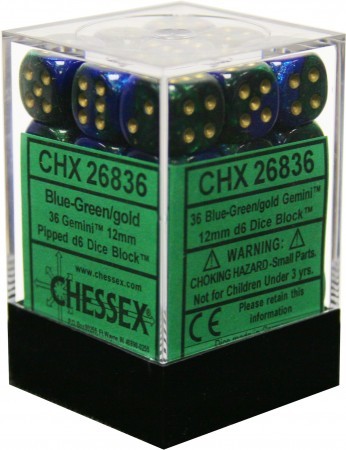 Chessex Gemini Blue and Green with Gold 12mm D6 Set | Dragon's Lair Comics and Fantasy Houston TX