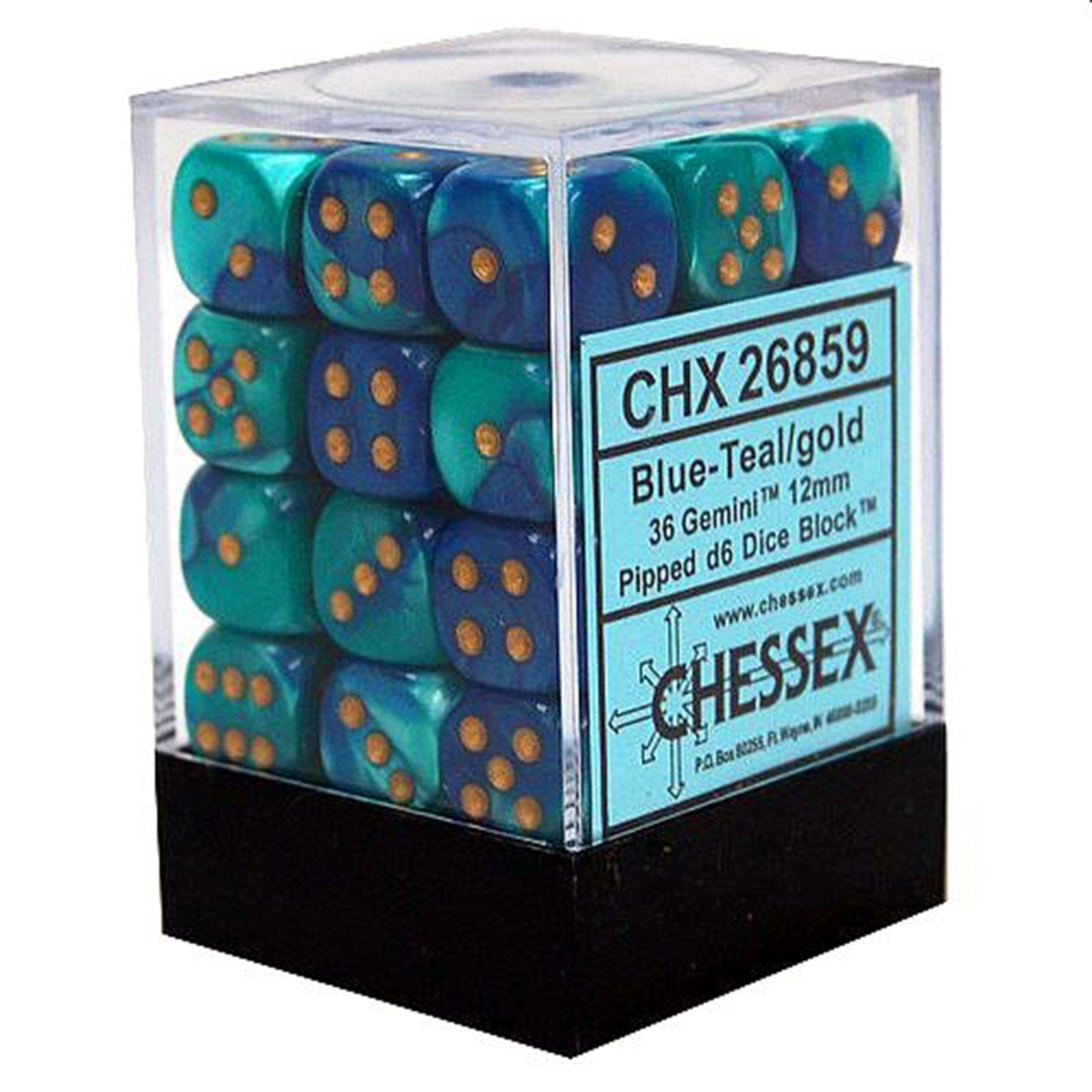 Chessex Gemini Blue with Teal and Gold 12mm D6 Set | Dragon's Lair Comics and Fantasy Houston TX