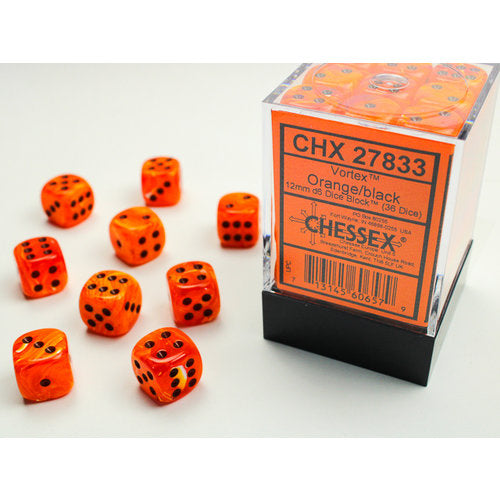 Chessex Vortex 12mm D6 Set: Orange with Black | Dragon's Lair Comics and Fantasy Houston TX