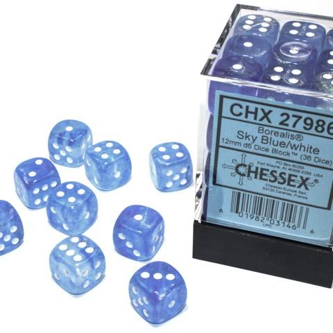 Chessex Borealis Glow in the Dark Sky Blue with White 12mm D6 Dice Set | Dragon's Lair Comics and Fantasy Houston TX