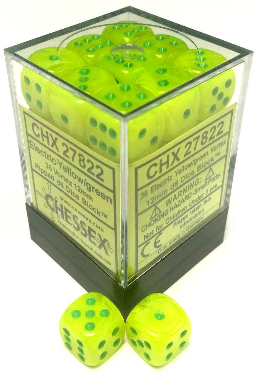 Chessex Dice Menagerie 8 12mm D6 Vortex Electric Yellow/Green 36 ct | Dragon's Lair Comics and Fantasy Houston TX