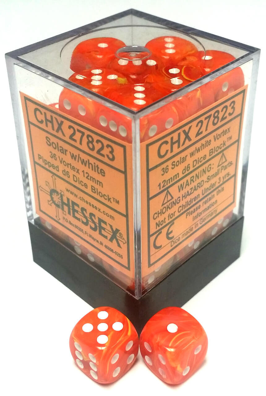 Chessex Dice Menagerie 8 12mm D6 Vortex Solar/White 36 ct | Dragon's Lair Comics and Fantasy Houston TX