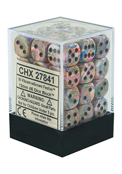 Chessex Dice Menagerie 8 12mm D6 Festive Vibrant/Brown 36 ct | Dragon's Lair Comics and Fantasy Houston TX