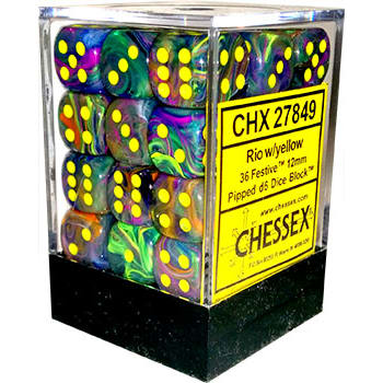 Chessex Dice Menagerie 8 12mm D6 Festive Rio/Yellow 36 ct | Dragon's Lair Comics and Fantasy Houston TX