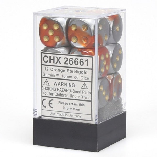 Chessex Gemini 7 16mm D6 Orange/Steel/Gold 12 ct | Dragon's Lair Comics and Fantasy Houston TX
