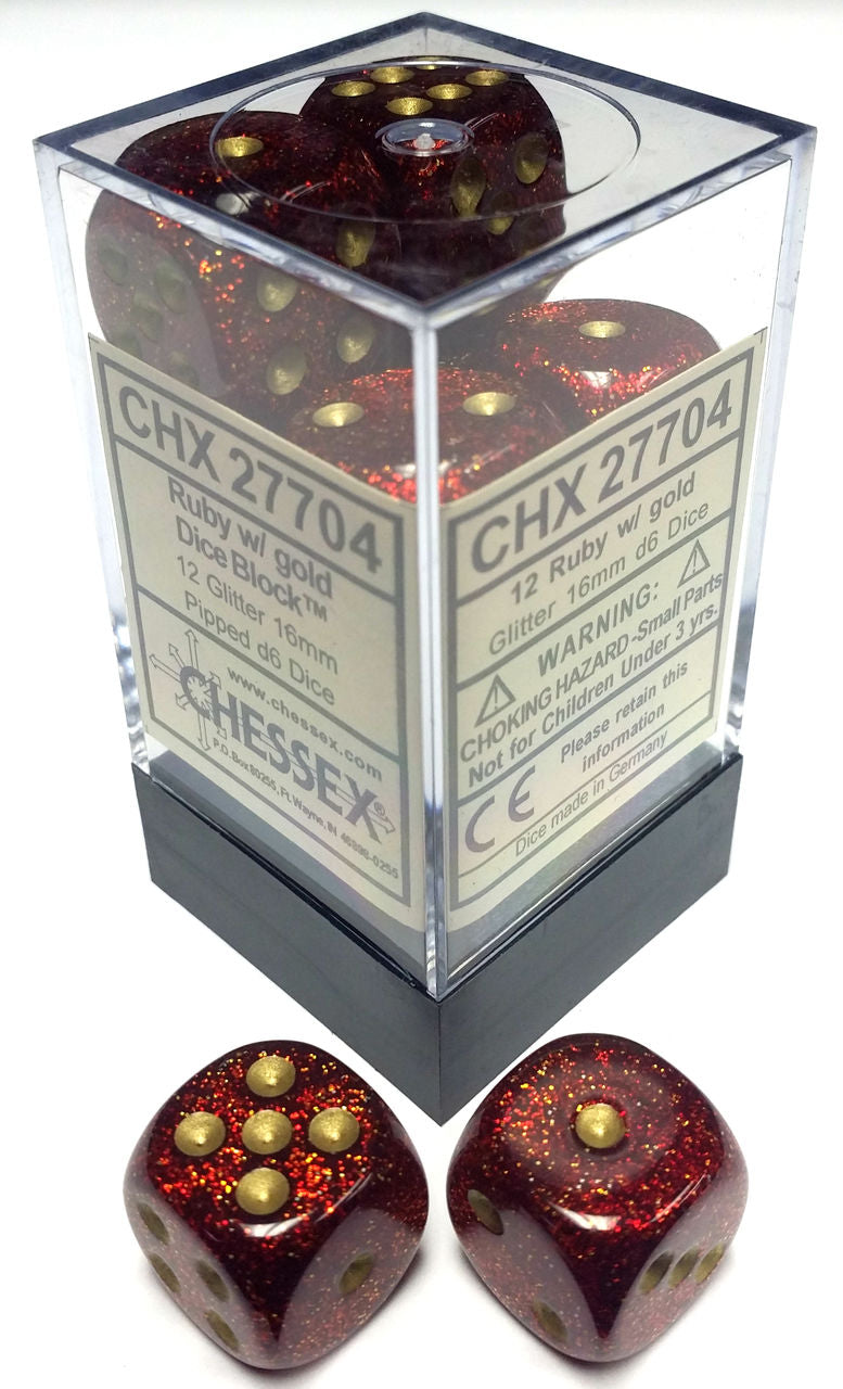 Chessex Dice Menagerie 9 Glitter 16mm D6 Ruby/Gold 12 ct | Dragon's Lair Comics and Fantasy Houston TX