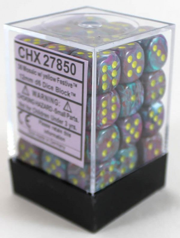 Chessex Dice Menagerie 9 Festive 12mm D6 Festive Mosaic Yellow 36 ct | Dragon's Lair Comics and Fantasy Houston TX