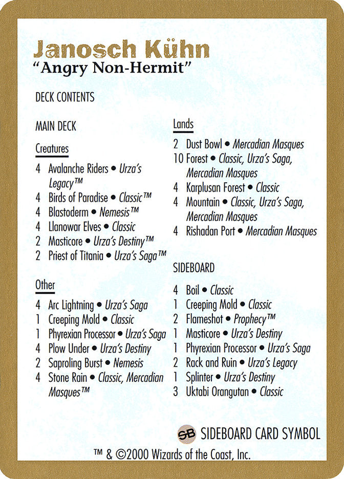 Janosch Kuhn Decklist (2000) [World Championship Decks 2000] | Dragon's Lair Comics and Fantasy Houston TX