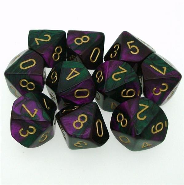 Chessex Gemini Purple and Green with Gold d10 Set | Dragon's Lair Comics and Fantasy Houston TX