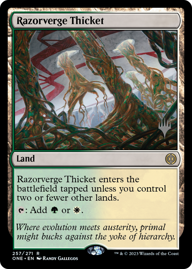 Razorverge Thicket (Promo Pack) [Phyrexia: All Will Be One Promos] | Dragon's Lair Comics and Fantasy Houston TX
