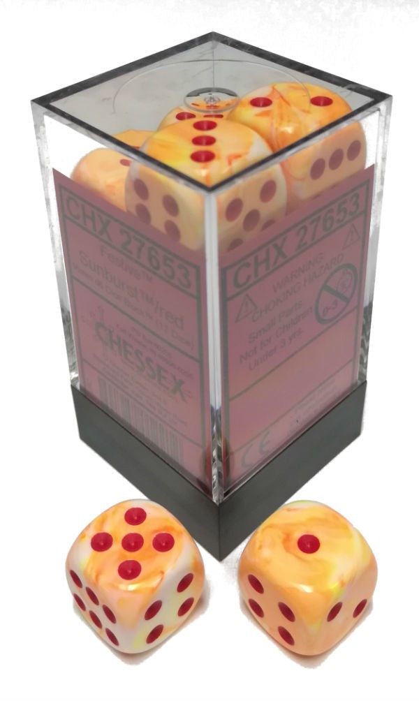 Chessex Dice Menagerie 10 16mm D6 Festive Sunburst/Red 12 ct | Dragon's Lair Comics and Fantasy Houston TX