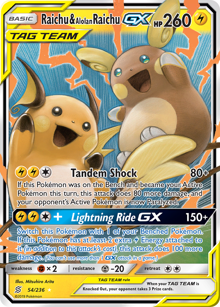 Raichu & Alolan Raichu GX (54/236) [Sun & Moon: Unified Minds] | Dragon's Lair Comics and Fantasy Houston TX